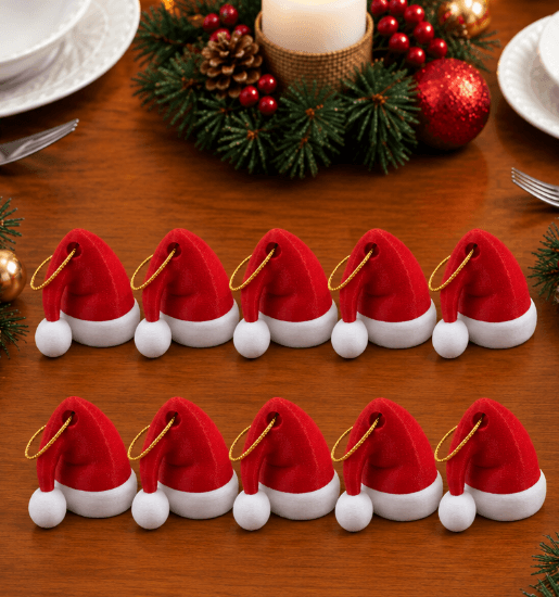 Kit 10 Mini Gorros de Natal – Enfeite Decorativo do Papai Noel