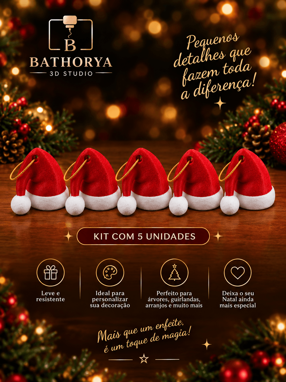 Kit 5 Mini Gorros de Natal – Enfeite Decorativo do Papai Noel