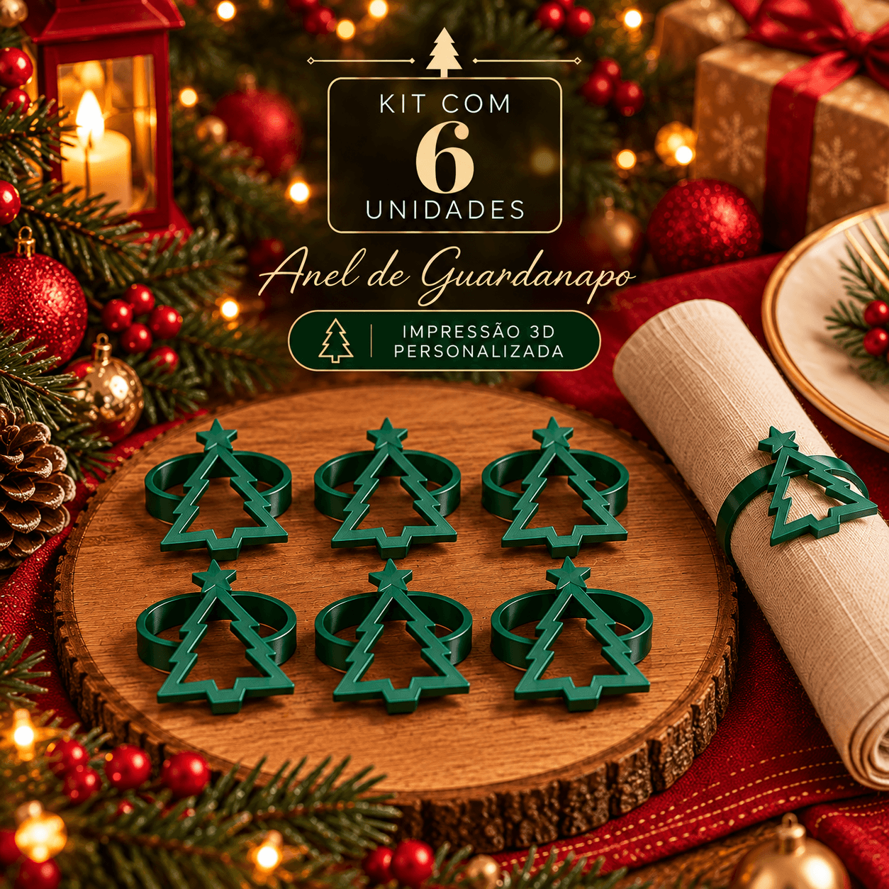 KIT 6 Anéis de Guardanapo - Árvore de Natal 🎄