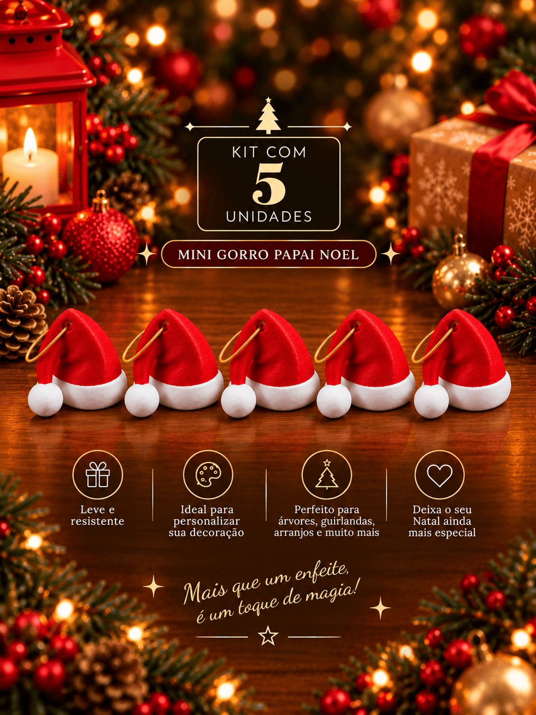 Kit 5 Mini Gorros de Natal – Enfeite Decorativo do Papai Noel