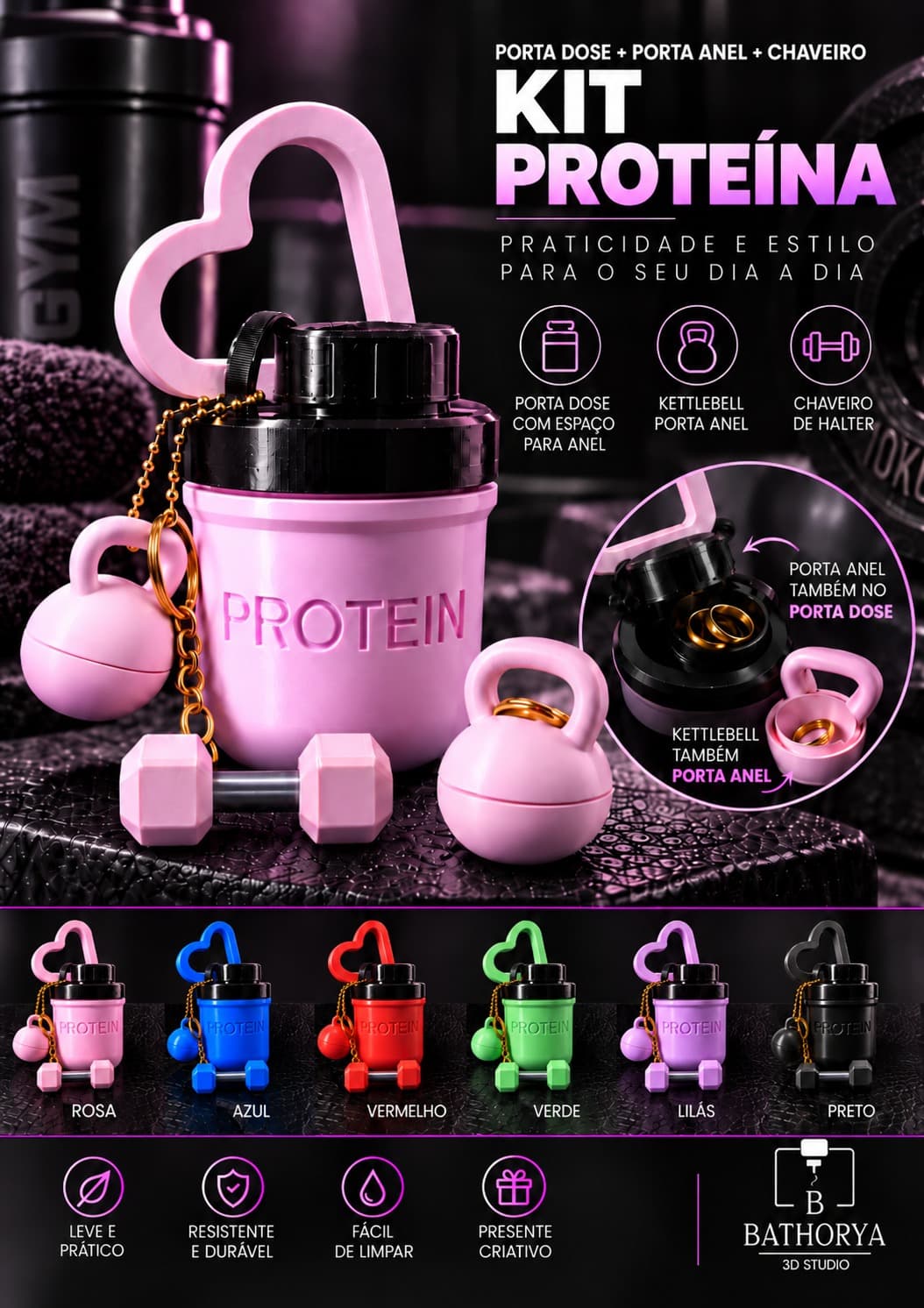 🏋️♀️🖤 KIT Porta Dose de Proteína + Porta Anel Kettlebell + Chaveiro Halter
