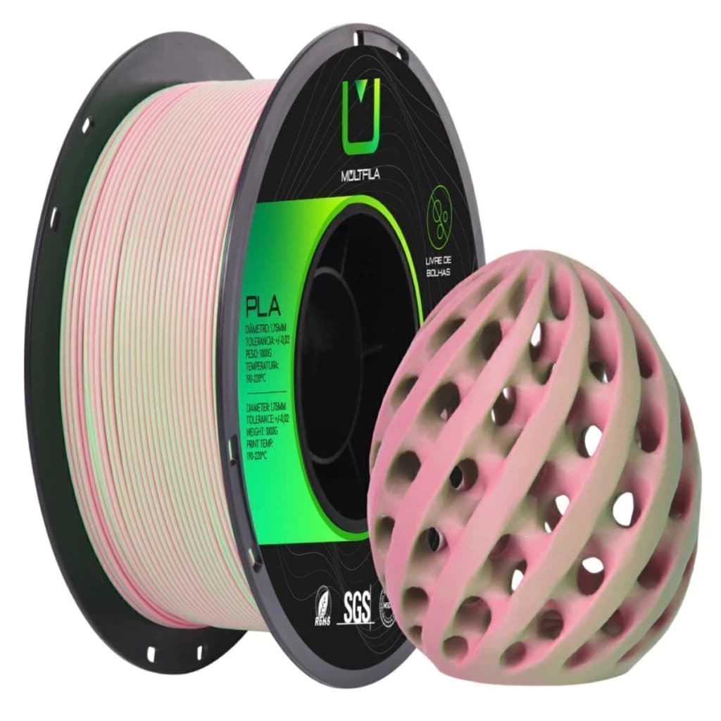 Filamento PLA Matte Duo Color Rosa Verde Multfila 1Kg para Impressora 3d 1.75mm