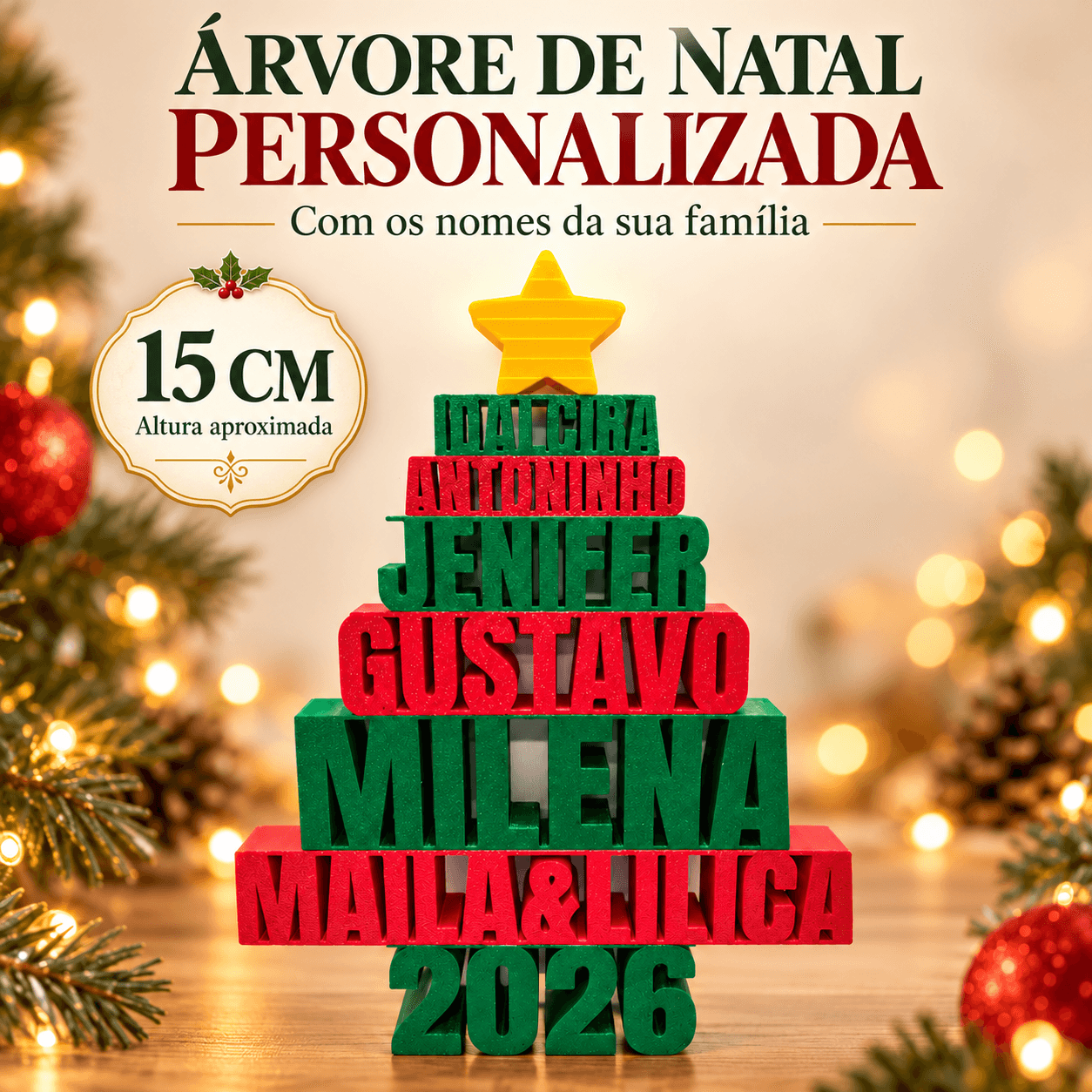 Árvore de Natal Personalizada com Nomes da Família (15CM)🎄💫